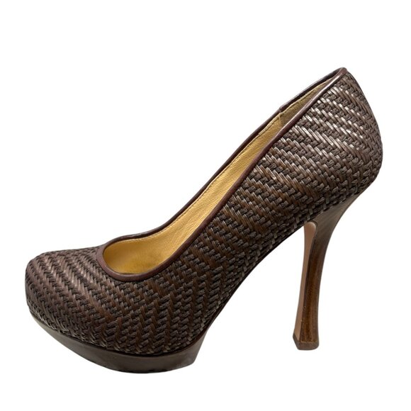 Joan and David Brown Woven Leather Platform Almond Toe Pumps - Picture 2 of 11